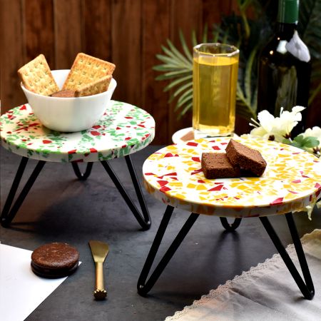 Orange and Green Terrazzo Wood and Resin Cake Stand for Dessert, Fruit and Planter